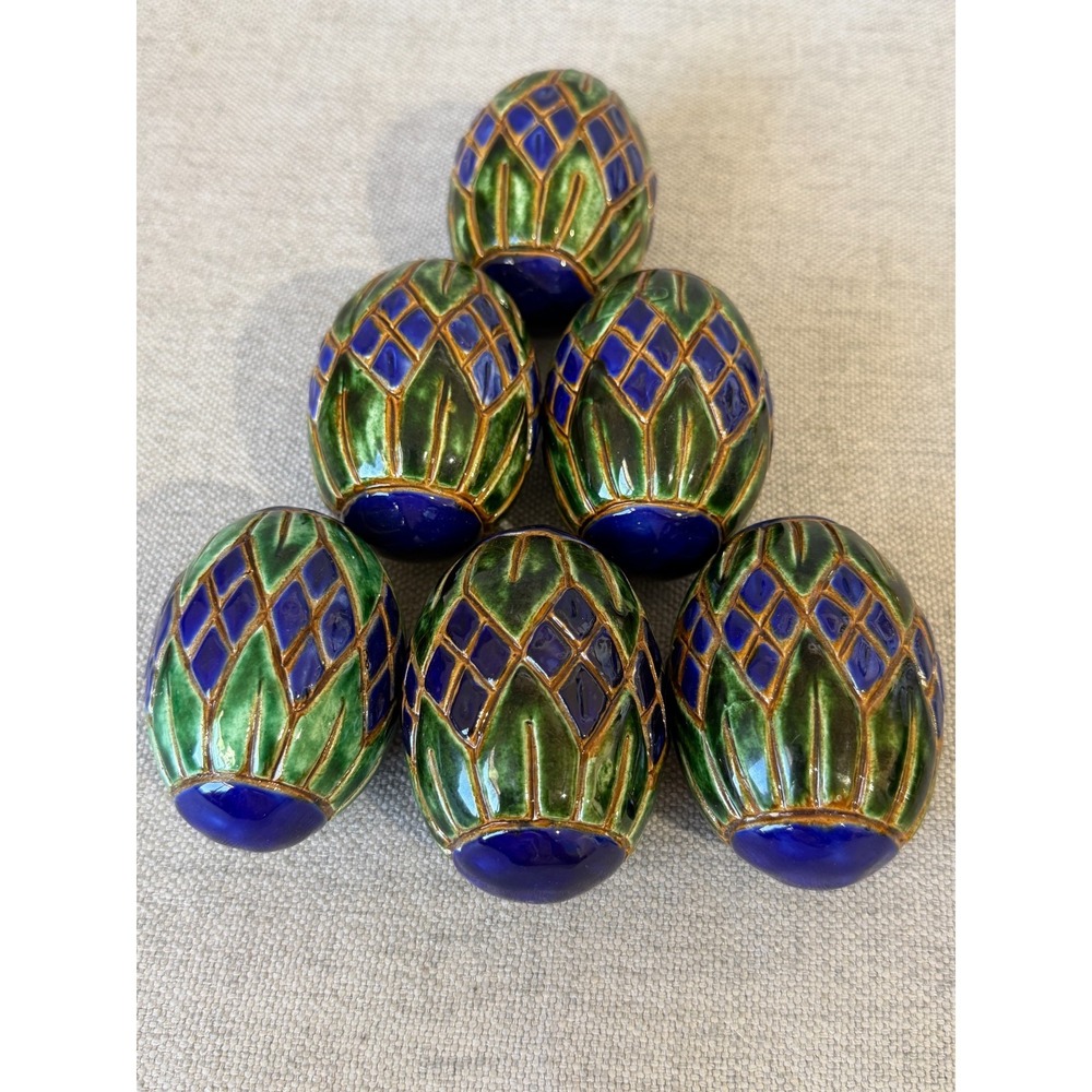 Vintage Peruvian Terra Cotta Folk Art Eggs Set 6 Blue Green Andean Decor 1980s